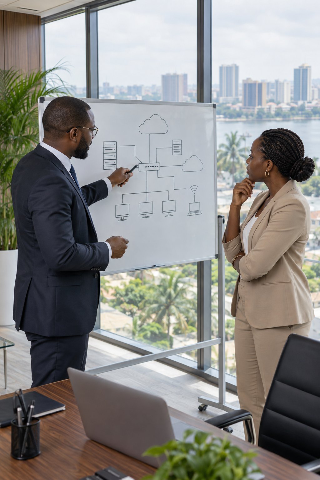 Consultants NATHAN-CI devant un schéma d'architecture réseau